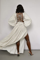 COLIMA GATHERED MAXI SKIRT IN GREY DIAMOND POLKA DOT