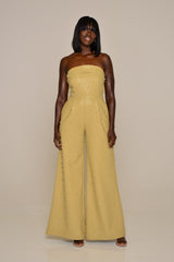 JORDAN PEARL WIDE LEG FAUX LEATHER JUMPSUIT IN SOFT GOLD