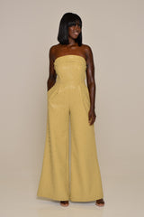 JORDAN PEARL WIDE LEG FAUX LEATHER JUMPSUIT IN SOFT GOLD