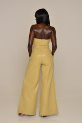 JORDAN PEARL WIDE LEG FAUX LEATHER JUMPSUIT IN SOFT GOLD