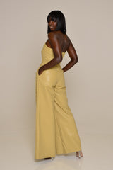 JORDAN PEARL WIDE LEG FAUX LEATHER JUMPSUIT IN SOFT GOLD