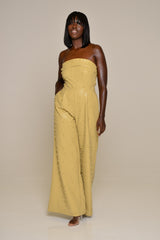 JORDAN PEARL WIDE LEG FAUX LEATHER JUMPSUIT IN SOFT GOLD