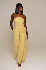 JORDAN PEARL WIDE LEG FAUX LEATHER JUMPSUIT IN SOFT GOLD