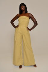 JORDAN PEARL WIDE LEG FAUX LEATHER JUMPSUIT IN SOFT GOLD