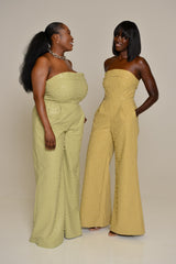 JORDAN PEARL WIDE LEG FAUX LEATHER JUMPSUIT IN SOFT GOLD