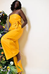 JORDAN WIDE LEG FAUX LEATHER JUMPSUIT IN YELLOW