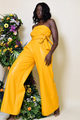 JORDAN WIDE LEG FAUX LEATHER JUMPSUIT IN YELLOW