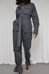 MUNICH TIED CUFF JUMPSUIT IN GUNMETAL GREY