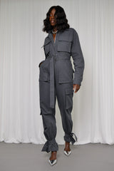 MUNICH TIED CUFF JUMPSUIT IN GUNMETAL GREY