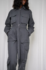 MUNICH TIED CUFF JUMPSUIT IN GUNMETAL GREY