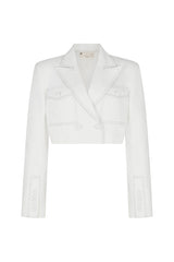 SAKAI CROPPED BLAZER IN OFF WHITE DENIM