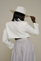 SAKAI CROPPED BLAZER IN OFF WHITE DENIM
