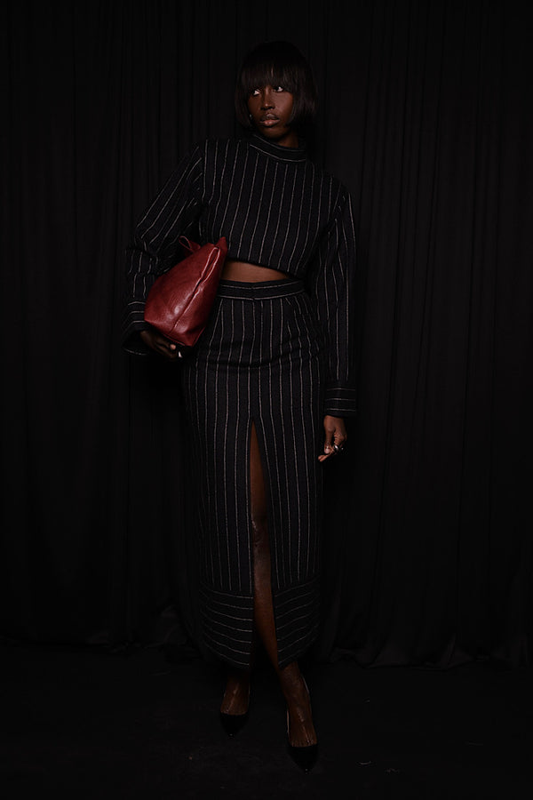 HIGHBURY CHALK STRIPE MAXI PENCIL SKIRT