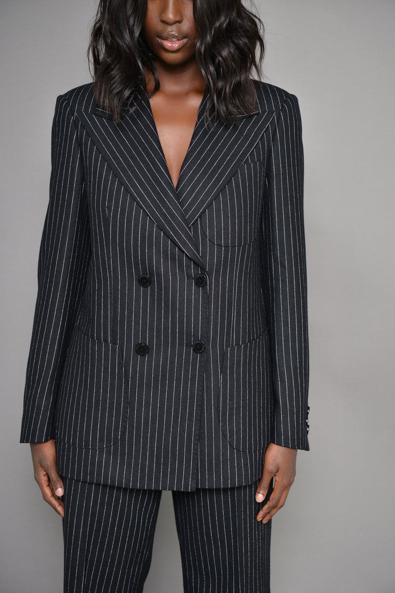 LONDON PINSTRIPED DOUBLE BREASTED BLAZER IN BLACK