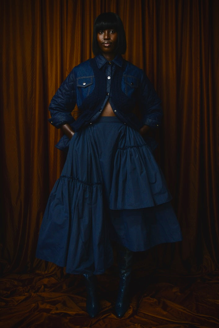 CALAIS ASYMMETRIC WIND BREAKER SKIRT IN MIDNIGHT BLUE