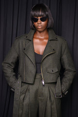 HARROW HERRINGBONE BIKER JACKET IN GREEN