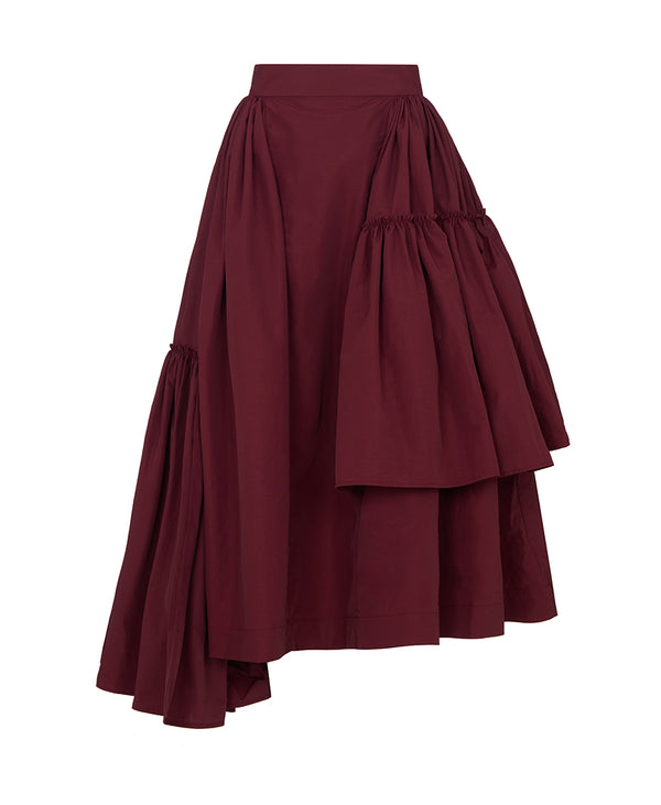 CALAIS ASYMMETRIC WIND BREAKER SKIRT IN DEEP BURGANDY