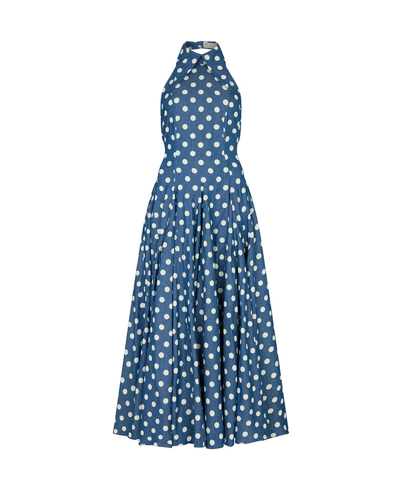 ASPEN POLKADOT DENIM BACKLESS MIDI DRESS