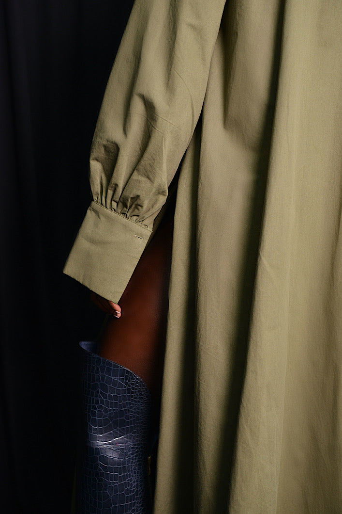 MODENA MAXI FLARED SHIRT DRESS IN KHAKI GREEN