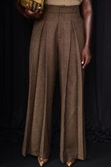 HARROW WIDE LEG HERRINGBONE PLEATED PANTS IN BROWN