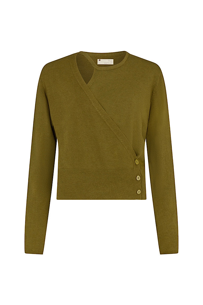 VARNA ASYMMETRIC LONG SLEEVE CARDIGAN IN OLIVE GREEN