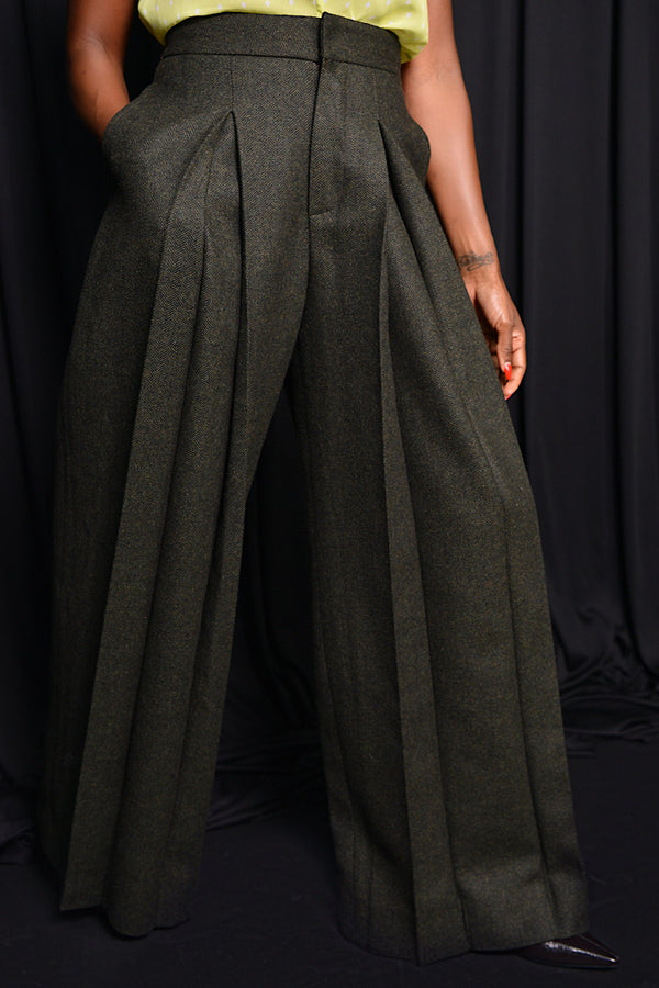 HARROW WIDE LEG HERRINGBONE FRONT PLEATED PANTS IN GREEN