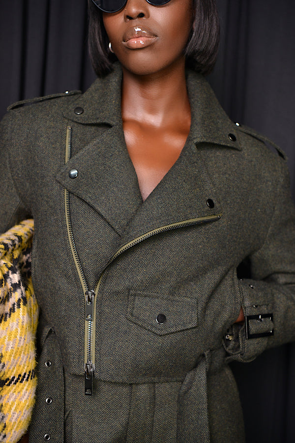 HARROW HERRINGBONE BIKER JACKET IN GREEN