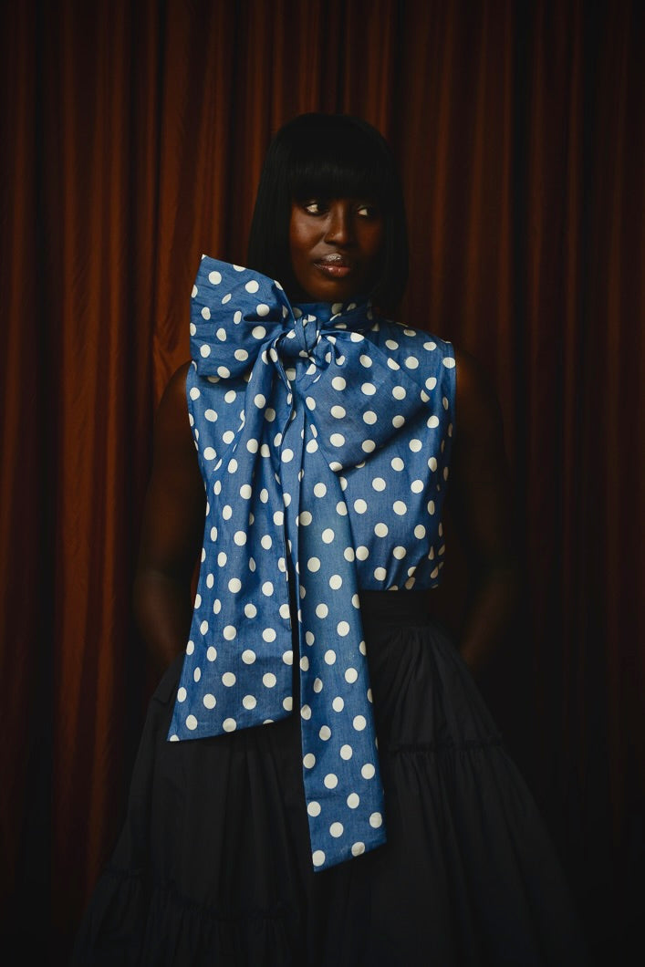 ASPEN DENIM POLKADOT PUSSY BOW BLOUSE