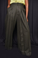 HARROW WIDE LEG HERRINGBONE FRONT PLEATED PANTS IN GREEN