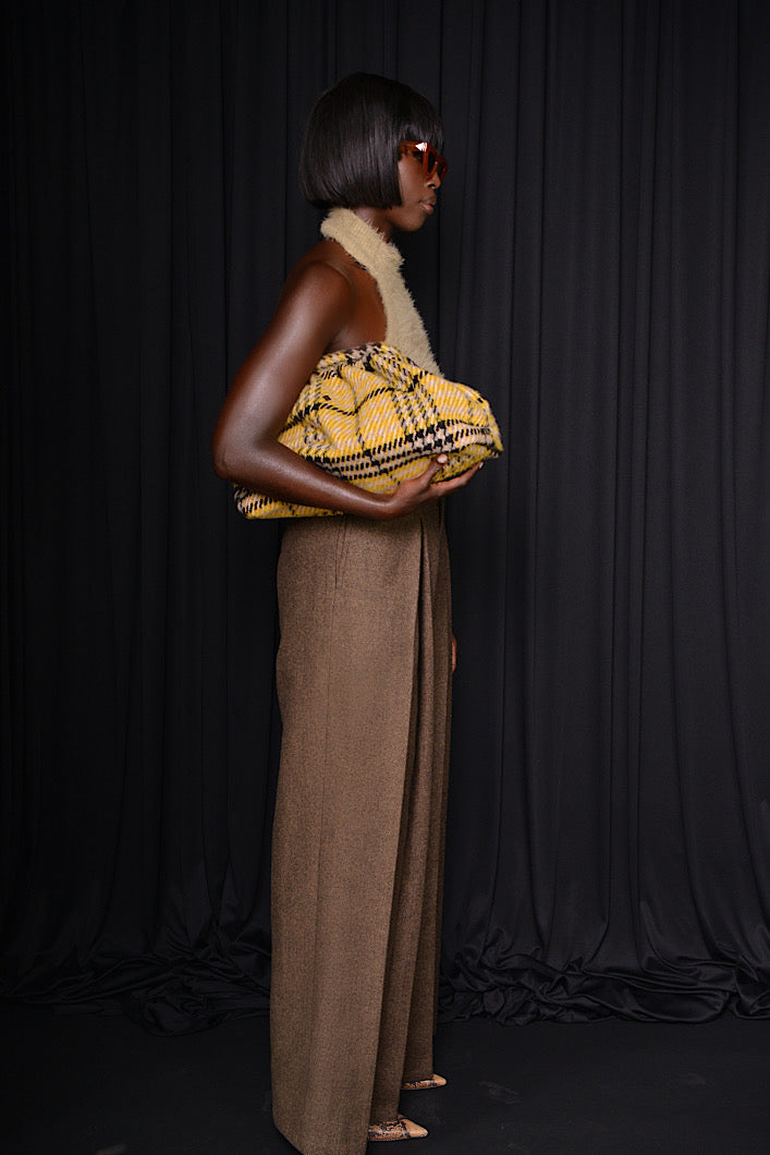 HARROW WIDE LEG HERRINGBONE PLEATED PANTS IN BROWN