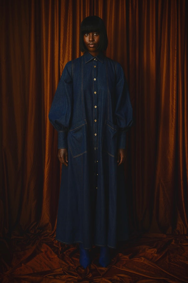 MODENA MAXI FLARED SHIRT DRESS IN DARK DENIM