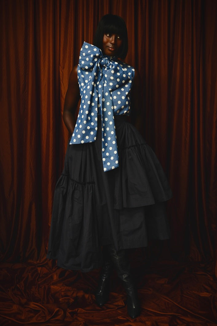 ASPEN DENIM POLKADOT PUSSY BOW BLOUSE