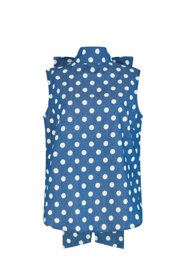 ASPEN DENIM POLKADOT PUSSY BOW BLOUSE IN DARK BLUE