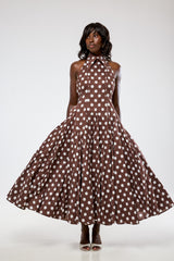ASPEN POLKADOT BACKLESS MIDI DRESS IN BROWN