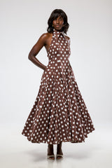 ASPEN POLKADOT BACKLESS MIDI DRESS IN BROWN