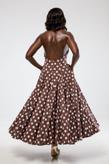 ASPEN POLKADOT BACKLESS MIDI DRESS IN BROWN