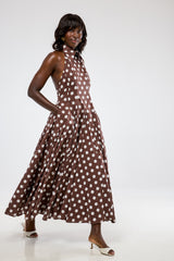 ASPEN POLKADOT BACKLESS MIDI DRESS IN BROWN