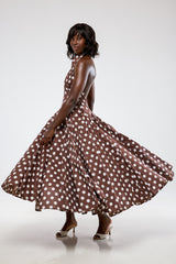 ASPEN POLKADOT BACKLESS MIDI DRESS IN BROWN