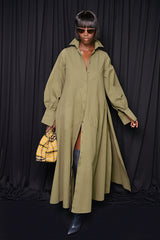 MODENA MAXI FLARED SHIRT DRESS IN KHAKI GREEN