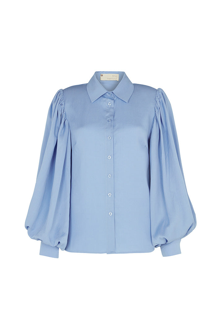 BILOXI SHOULDER PADDED BACKLESS SHIRT IN BLUE