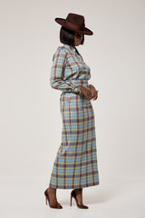 CAMBRIDGE MAXI PENCIL SKIRT IN BLUE PLAID