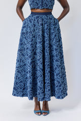 DALAT FLORAL FRAYED DENIM SKIRT