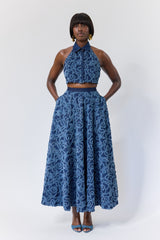DALAT FLORAL DENIM BACKLESS TIE-BACK SHIRT