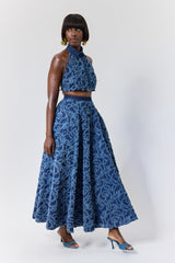DALAT FLORAL FRAYED DENIM SKIRT