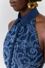DALAT FLORAL DENIM BACKLESS TIE-BACK SHIRT
