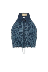 DALAT FLORAL DENIM BACKLESS TIE-BACK SHIRT