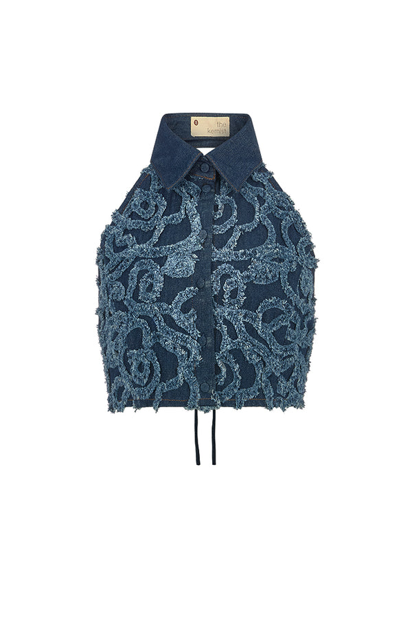 DALAT FLORAL DENIM BACKLESS TIE-BACK SHIRT – THE KEMIST