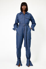 DALLAS TIED CUFF DENIM JUMPSUIT