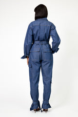 DALLAS TIED CUFF DENIM JUMPSUIT