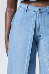DAVENPORT WASHED DENIM FRONT FLAP WIDE LEG PANTS